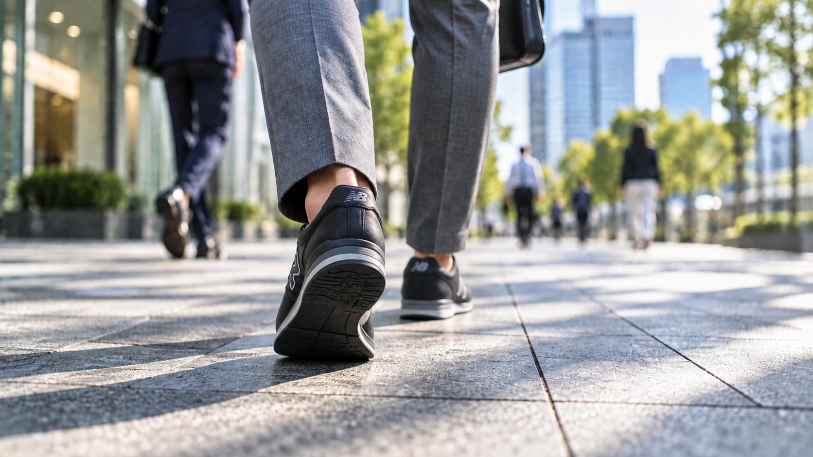 黒いレザースニーカーで都市を歩くビジネスパーソンの足元