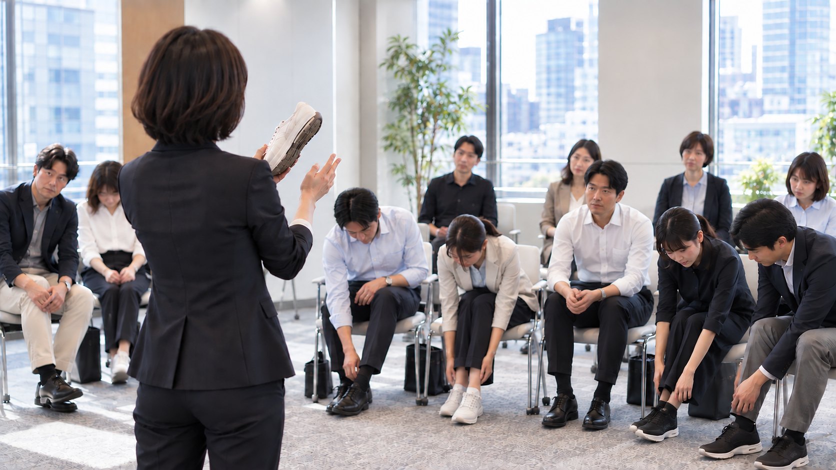 企業内で靴を手に説明する講師と、足元を確かめる受講者